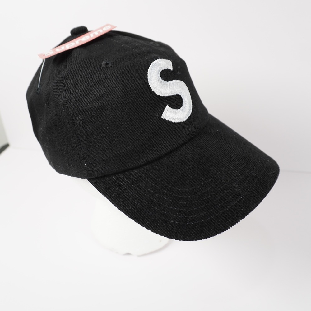 Supreme S Logo 6-Panel Hat Black Corduroy Brim Leather Strapback Cap USA Made